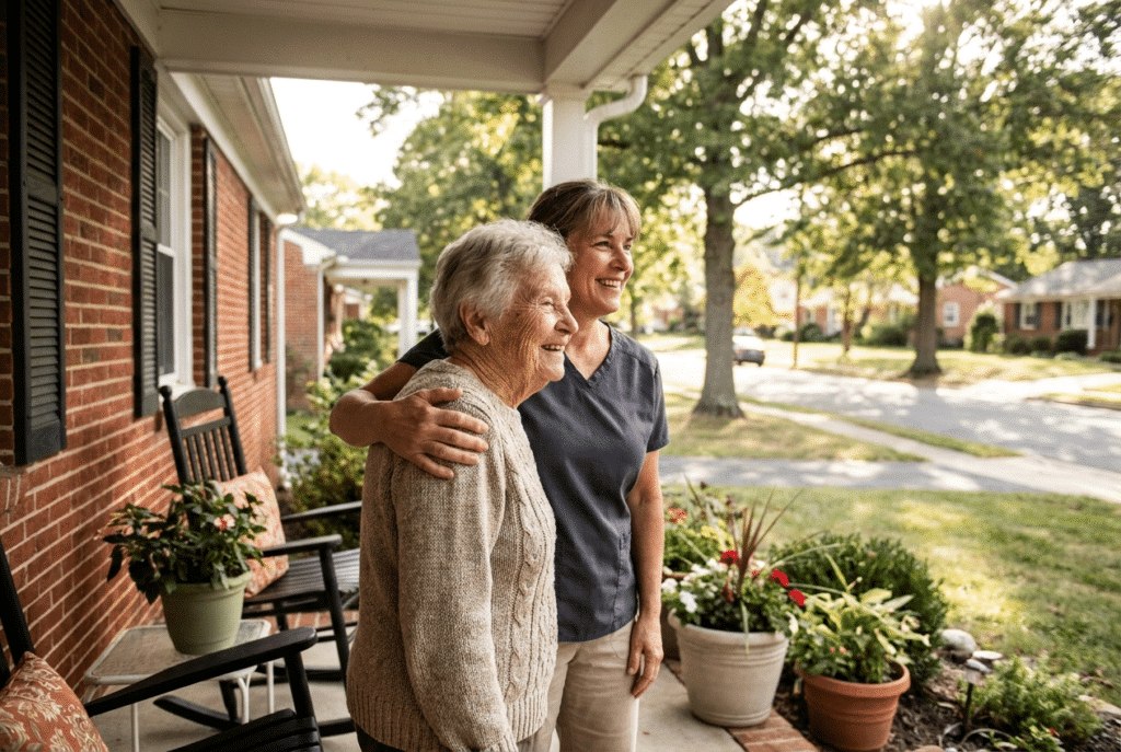 A senior woman and her caregiver smiling together on the front porch of her Burlington County home