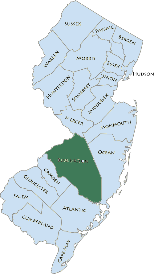 Map of New Jersey counties with Burlington County highlighted in green