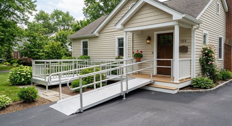 Aluminum wheelchair ramp with handrails installed at the front entrance of a home
